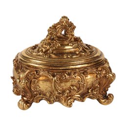  Gold resin storage box with ornate baroque design, decorative lid, round shape, vintage style jewelry organizer.