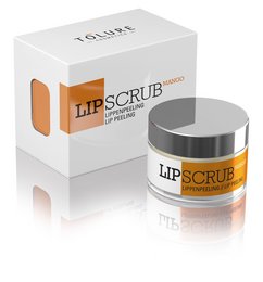 Mango-flavored lip scrub in a 15g jar, exfoliates and moisturizes lips.