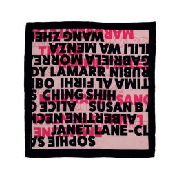  Fuchsia pink and black scarf with bold text print design and black border trim.