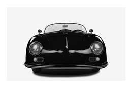A classic black Porsche 356 sports car with its distinctive rounded front and headlights.