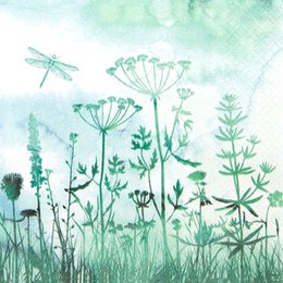  Grass-patterned paper napkins in shades of green with delicate floral and botanical elements.