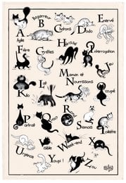 Ecru tea towel with black cat silhouette alphabet design. Measures 48 x 72 cm.