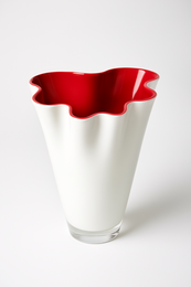 Glass vase with wavy white and red design, 21 x 21 x 30 cm in size, suitable for table display.