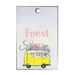 Colorful gift tag with a yellow bus illustration and the text "Feest" (Dutch for "Celebration"). The tag features a whimsical, festive design suitable for various gift-giving occasions.