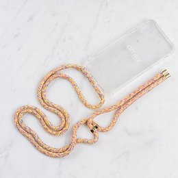 A clear, protective smartphone case with a gold-colored lanyard strap. The case is designed to fit various iPhone models, including the iPhone 11, 7/8 PLUS, 11 Pro, 7/8/SE2020, X/XS Max, 11 Pro Max, XR, X/XS, 13, 12/12pro, and 13 Pro.