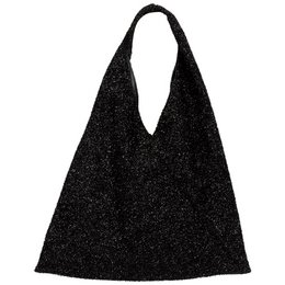 Black glitter handbag with triangular shape.