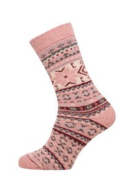  A pair of colorful cotton socks with a modern Scandinavian design featuring a repeating pattern of reindeer and snowflakes in shades of pink, grey, and navy.