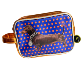  Blue toiletry bag with dachshund dog design, gold metallic trim, polka dot pattern, rectangular shape.