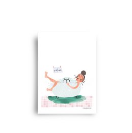 Relaxing postcard with illustrated person lounging on a green surface.
