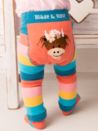 Colorful baby leggings featuring a highland cow design, available in sizes 00-06 months to 3-4 years.