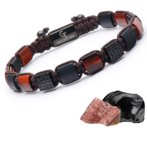 Red Tiger Eye voor heren, zwarte onyx platte kralenarmband
