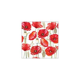  Red poppy flowers all over white background, 33cm party napkins with floral pattern design.