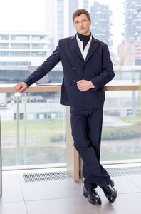 Wollen blazer met dubbele rij knopen in marineblauw, gemaakt in Italië