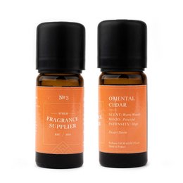 Amber-colored diffuser refill with a warm, woody oriental cedar fragrance.