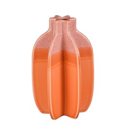  Tall, round orange vase with a unique textured surface.