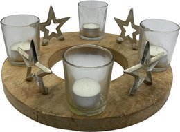 Teak tea light holder, 30 cm diameter, round wooden base with star-shaped metal accents, holds 4 tea light candles.