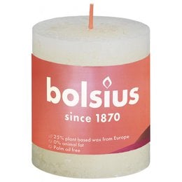  Ivory pillar candle with a rustic design from Bolsius. The candle is 80mm in diameter and 68mm in height.