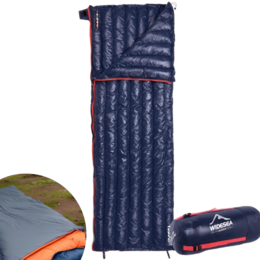 Navy blue goose down sleeping bag, rectangular shape, camping gear, lightweight insulated bedroll, outdoor travel essential.