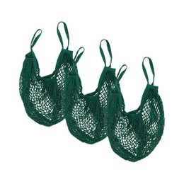  Set of 3 reusable, eco-friendly shopping net bags in a dark green color. The bags have a mesh-like design that allows for easy carrying of various items.