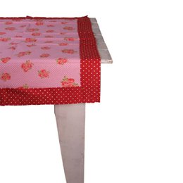 Pink textile tablecloth with red floral pattern and polka dot border, 100x100cm square shape.