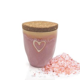  Pink ceramic espresso cup with heart design, filled with pink Himalayan salt crystals.