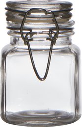  A clear glass canister with a metal swing top lid. The canister has a simple, classic design and is suitable for storing various food items or other small objects.