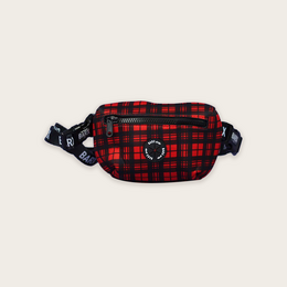 Red tartan pattern weekend bag with adjustable straps.