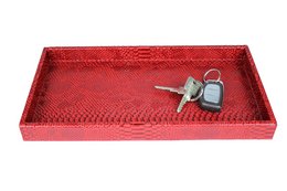 Rectangular red reptile-textured serving tray with a small black bowl.