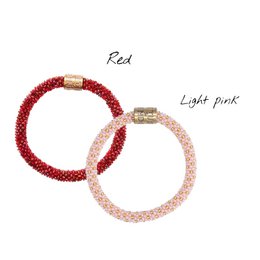  Red and light pink woven roll-on bracelets, textured beaded design, mother's day gift set pair