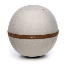 Ivory-colored office chair with a round, spherical shape and a brown leather accent band.