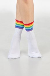  White socks with rainbow-colored stripes at the top.