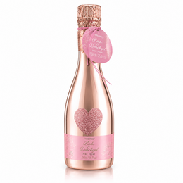 Rose pink champagne bottle, 750ml bath shower gel, heart shape design, metallic gold foil cap