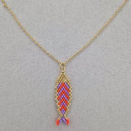 Miyuki beaded fish pendant necklace, orange purple colors, gold chain, delicate beadwork jewelry