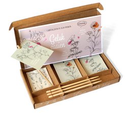 Wooden gift box containing assorted friendship cards with floral designs and inspirational messages.