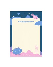  Blue notepad with "Bedtijdgedachten" text, whimsical clouds, stars, pink unicorn, cute sleeping design, 50 sheets.