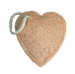 Heart-shaped loofah bath sponge in fun shapes for kids, including duck, fish, dolphin, teddy, and heart designs.