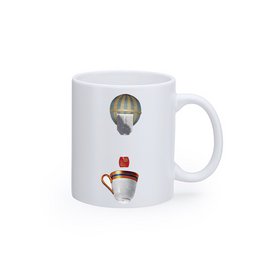 Ceramic mug with a printed collage design featuring three pug dogs wearing pink dresses.