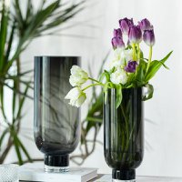 Sober modern glass vase, cylindrical shape on an elegant base, dark grey, OMAHA14GR