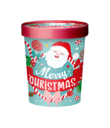 Red and turquoise candy bucket with Santa, "Merry Christmas" text, festive candy cane pattern design.