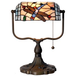 Tiffany-style table lamp with a blue and brown color scheme, featuring a stained glass design of dragonflies. The lamp measures 27x20x36 cm and uses an E27 bulb with a maximum of 60W.