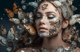 Vibrant poster featuring a woman's face surrounded by colorful butterflies. Suitable for home decor or wall art.