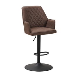 Taupe bar stool with diamond-tufted backrest and adjustable swivel base.
