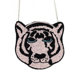  A beaded shoulder bag featuring a tiger design. The bag has a black and white color scheme with a tiger face prominently displayed on the front.
