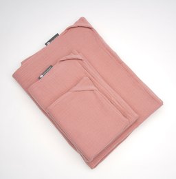 Set of 3 small muslin guest towels in a variety of neutral colors including white, gray, blue, and beige.