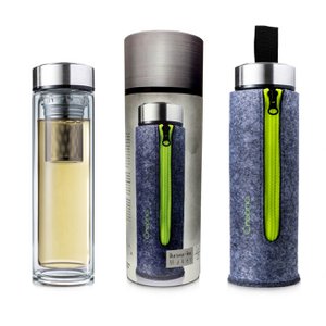 Creano Exclusive Thermo-Teamaker tea bottle, double-walled with stainless steel strainer and lid in an elegant felt bag, green (400ml) in a high-quality gift box