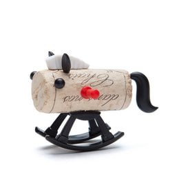 Wooden rocking horse bottle stopper with black accents and a heart-shaped nose. Unique wine accessory for wine lovers.