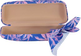  "Eyewear case with tropical palm tree print in pink and blue colors. Rectangular shape with a soft fabric cover."