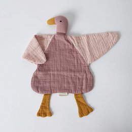 Organic muslin duck toy in dusty rose color, made of soft and natural materials, suitable for cuddling and comforting young children.