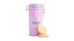 Pink cylindrical tin container, demerara shortbread cookies, golden biscuits, decorative rope handles, gift packaging.
