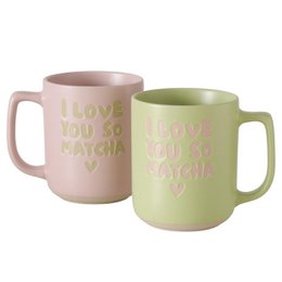  Pink and green ceramic mugs with "I love you so matcha" text embossed, cylindrical shape, 340ml capacity
